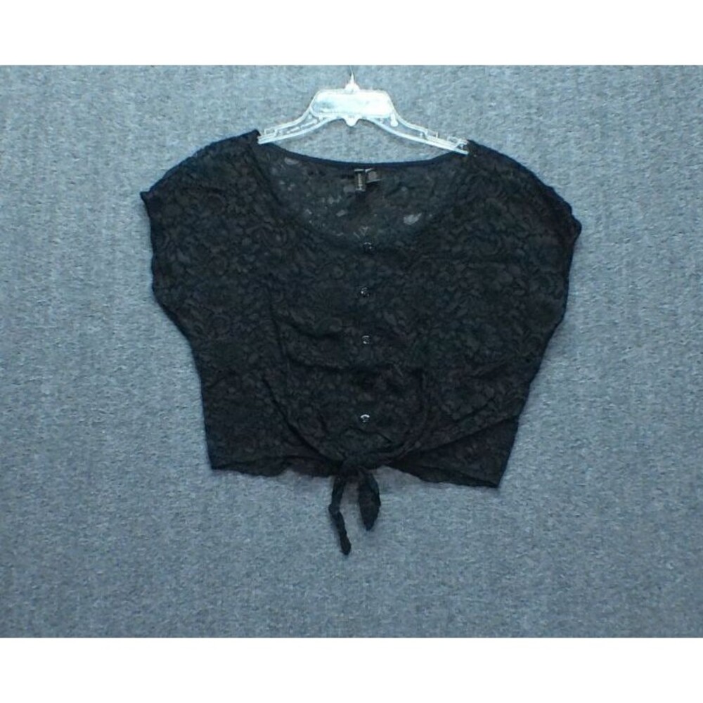 Full Tilt Womens Junior Med Cropped Top Black Lace Overlay Tie Front Cap Sleeve